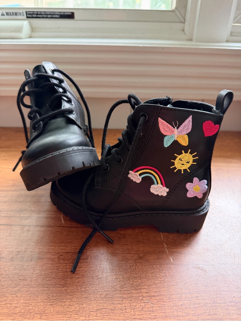 wonder nation Black Lace-Up Kids Boots with Colorful Embroidered Patches